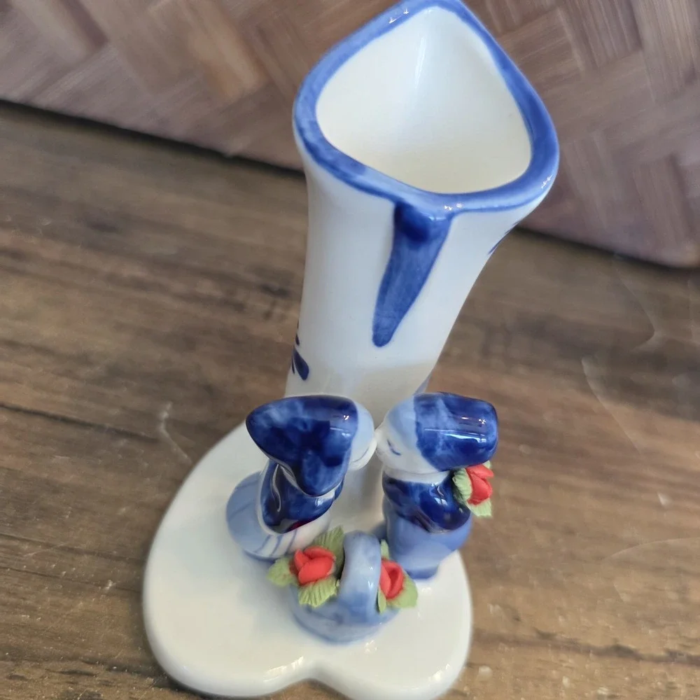 EH Denmark Blue White Porcelain Miniature Bud Vase Kissing Couple Windmill 10577